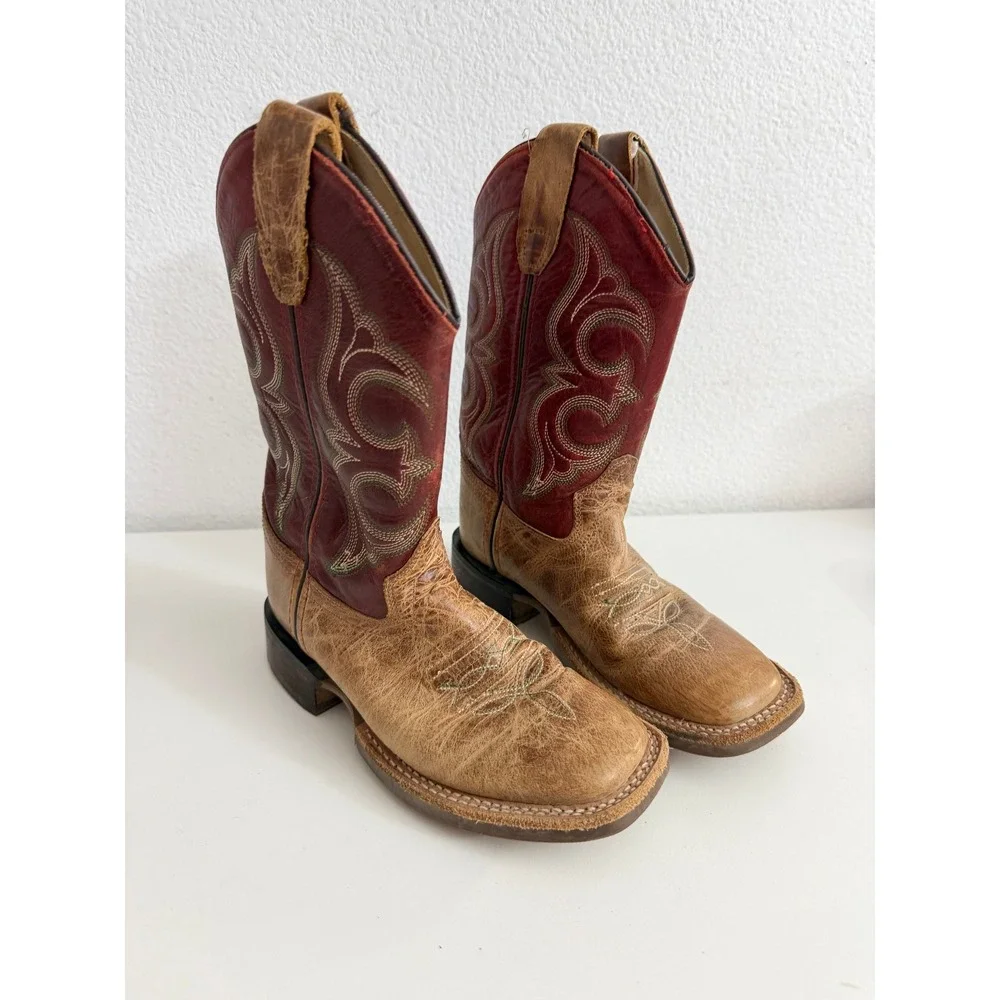 Old West BSC1941 Kids Western Cowboy Boots Tan Red Leather Square Toe 12.5 D